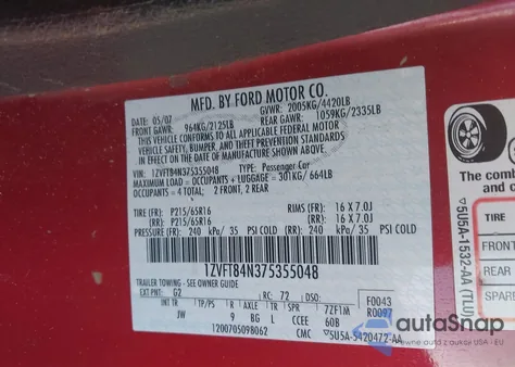 2007 Ford Mustang V6 Deluxe/V6 Premium from USA, damaged, VIN 1ZVFT84N375355048